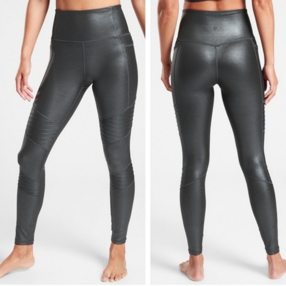 SOLD Athleta Inclination Moto Tights sz L Gleam Black Metallic Shimmer Leggings - Picture 2 of 8